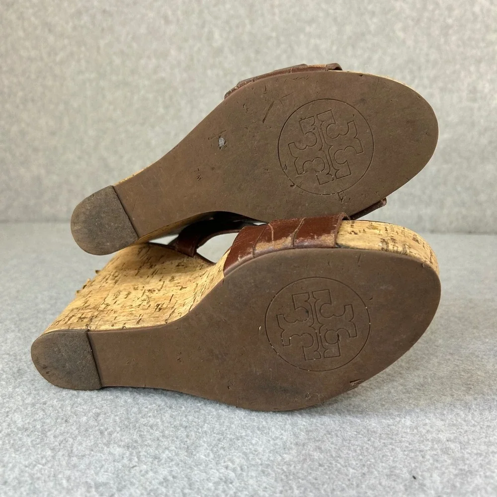 Tory Burch Ace Wedge Heels Brown Sienna Leather Strappy Cork Sandals Size‎ 7 M